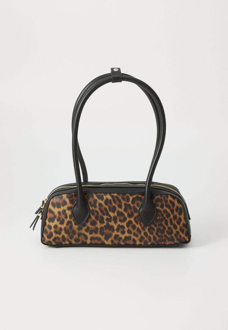 Leopard print handbag with a black faux leather base, dual top handles, gold zipper, and accented black faux leather tabs. Rectangular shape.