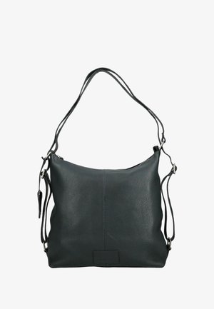 Schwarze Lederhandtasche mit verstellbarem Schulterriemen und Reißverschluss, die eine strukturierte Oberfläche und ein minimalistisches Design zeigt.