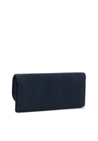 Navy blue wallet made of smooth material, rectangular shape, features a fold-over design, and minimalistic detailing.