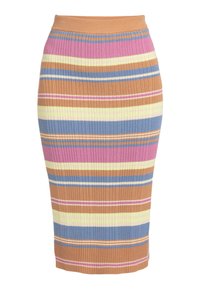 Strick-Bleistiftrock mit mehrfarbigen horizontalen Streifen in Pink, Gelb, Blau und Braun. Mit geripptem Muster und hohem Taillenbund.