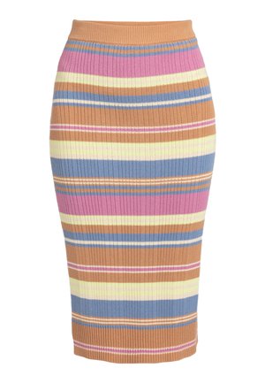 Strick-Bleistiftrock mit mehrfarbigen horizontalen Streifen in Pink, Gelb, Blau und Braun. Mit geripptem Muster und hohem Taillenbund.