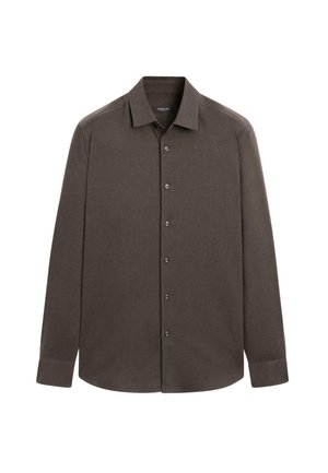 Brown long-sleeve shirt made of textured fabric, featuring a standard collar and button front, with five buttons down the center.