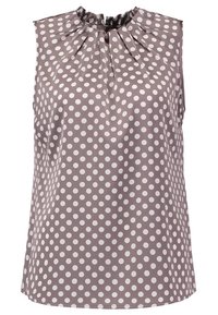 Ærmeløs bluse i mauve med hvide prikker, en rynket rund halsudskæring og en afslappet pasform.