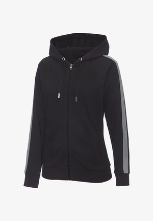 Schwarzer Kapuzenpullover mit Reißverschluss, weißen Streifen entlang der Ärmel, Kordelzugkapuze, gerippten Bündchen und Fronttaschen.