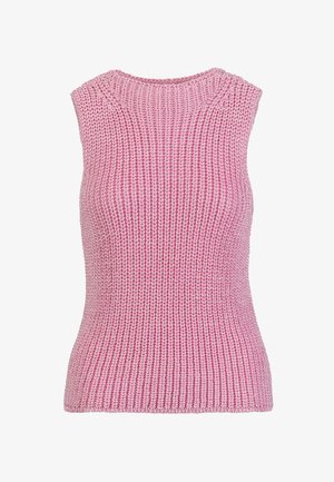 Bezroku rozā adīts tops ar strukturētu ribveida rakstu un apaļu kakla izgriezumu.