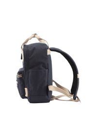 Navy blue fabric backpack with beige straps, rectangular shape, one zipped front pocket, and side pockets for storage.