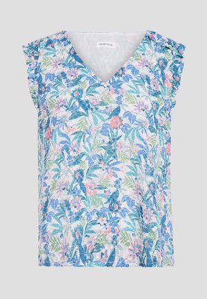 Blouse sans manches à col en V avec motif floral et feuillage bleu, vert et rose sur fond blanc, bords d'épaule à volants.