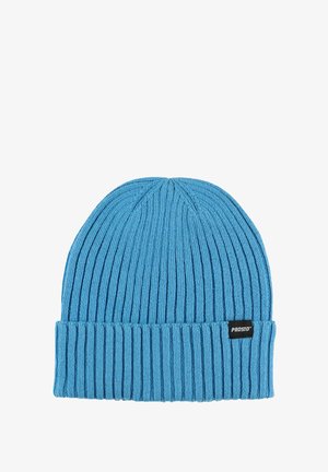 Niebieska dziana czapka z prążkowaną fakturą, składanym rondem i małą czarną metką z logo po boku.