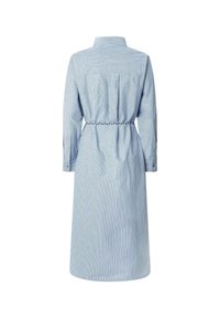 Abito a righe blu e bianche con colletto, maniche lunghe e vita stretta, caratterizzato da un design a pieghe sul retro.