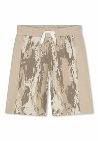 Pantaloni corti beige con un motivo astratto testurizzato in tonalità di marrone, crema e giallo. Presenta un cinturino elastico con un cordino bianco.
