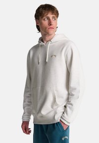 Hellgrauer Hoodie aus weichem Material, mit einer Kängurutasche, Zugbändern mit silbernen Spitzen und subtiler Logo-Stickerei auf der Brust.