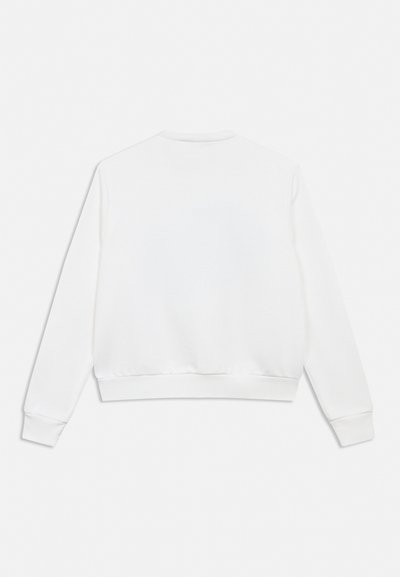 Sweat-shirt blanc uni à manches longues avec col rond, poignets et ourlet côtelés, présenté de dos sur un fond blanc.