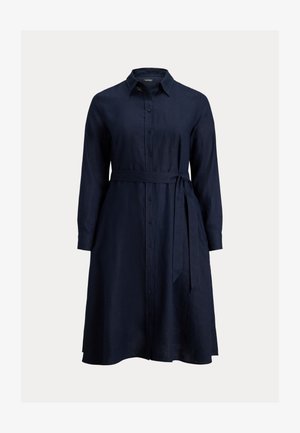 Rochie cămașă midi cu mâneci lungi, de culoare bleumarin închis, cu nasturi pe față, guler și curea din material legată în talie.