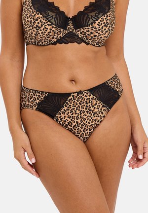 Un ensemble de lingerie imprimé léopard qui présente une palette de couleurs marron et noir, avec des accents en dentelle et une texture lisse. Le soutien-gorge possède un design structuré.