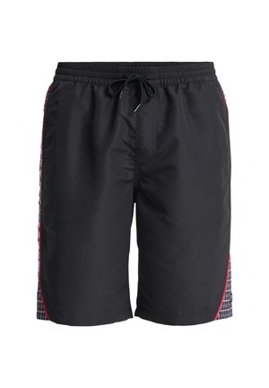 Black swim shorts with an elastic waistband and drawstring. Features side panels with a plaid pattern in gray and red accents.