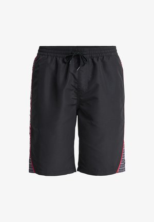 Zwarte zwembroek met een elastische tailleband en een trekkoord. Heeft zijpanelen met een geruit patroon in grijs en rode accenten.