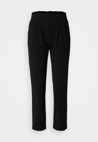Pantalon noir taille haute légèrement cintré avec ceinture élastique et plis à l’avant, présenté sur un fond blanc uni.