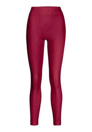 Leggings atletici aderenti di colore rosso scuro, realizzati in un materiale liscio e elastico, con pannelli testurizzati sui lati e una vita alta.