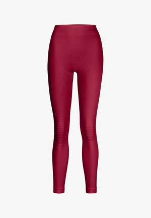 Leggings atletici aderenti di colore rosso scuro, realizzati in un materiale liscio e elastico, con pannelli testurizzati sui lati e una vita alta.