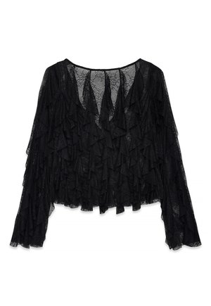 Blusa nera a maniche lunghe in pizzo con balze sovrapposte, scollatura ampia e motivo floreale in pizzo semi-trasparente su tutto il tessuto.