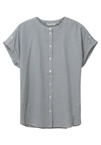 Stribet kortærmet skjorte i marineblå og hvid bomuld, med rund krave, knaplukning og en afslappet pasform med en buet kant.