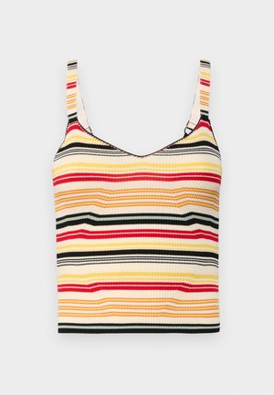 Prugasta skrajšana majica brez rokavov s širokimi naramnicami v rumeni, rdeči, črni in kremni barvi. Puhasto teksturo in okroglo ovratnico.