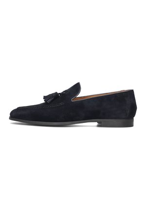 Navy blue suede men's loafer with tassels, low heel, and slip-on design, shown from the outer side on a white background.