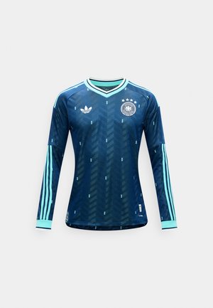 Tricou de fotbal cu mâneci lungi, de culoare albastru închis, cu dungi albastru deschis pe mâneci, logo Adidas și emblema echipei naționale a Germaniei cu patru stele.