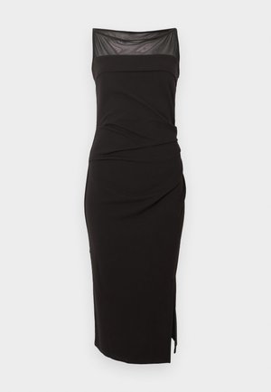 Μαύρο midi φόρεμα χωρίς μανίκια με διαφανές δίχτυ στο λαιμό, εφαρμοστό μπούστο, πλισέ πλευρές και σκίσιμο στο αριστερό πλευρό.