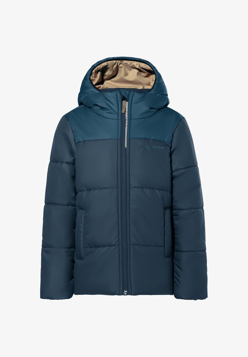 Casaco de inverno azul acolchoado com capuz, fecho frontal e bolsos laterais, apresentando um forro interior bege e um logotipo discreto no peito.