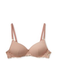 Reggiseno rosa chiaro con coppe imbottite, bordature in pizzo lungo il bordo inferiore, spalline regolabili e una texture liscia e morbida.