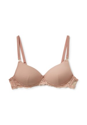 Helles rosa BH mit gepolsterten Cups, Spitzenbesatz entlang der Unterkante, verstellbaren Trägern und einer glatten, weichen Textur.