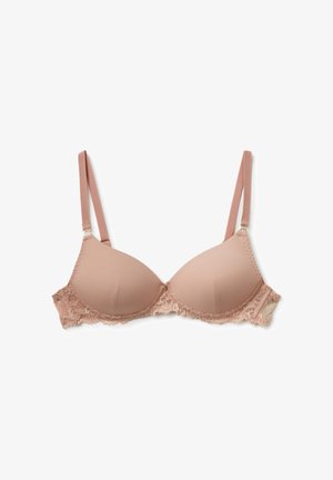 Helles rosa BH mit gepolsterten Cups, Spitzenbesatz entlang der Unterkante, verstellbaren Trägern und einer glatten, weichen Textur.