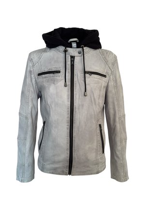Light gray leather jacket with black zipper front, two chest and two side zippered pockets, and attached black hood with drawstrings.
