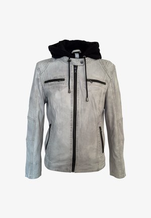 Lichtgrijs leren jack met zwarte ritssluiting aan de voorkant, twee borstzakken en twee zijzakken met ritssluiting, en een aangehechte zwarte capuchon met trekkoorden.