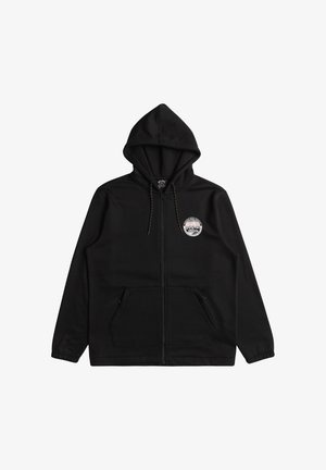 Felpa nera con zip, dotata di cappuccio con lacci, tasche frontali e un logo circolare sul lato sinistro del petto. Realizzata in un morbido tessuto testurizzato.