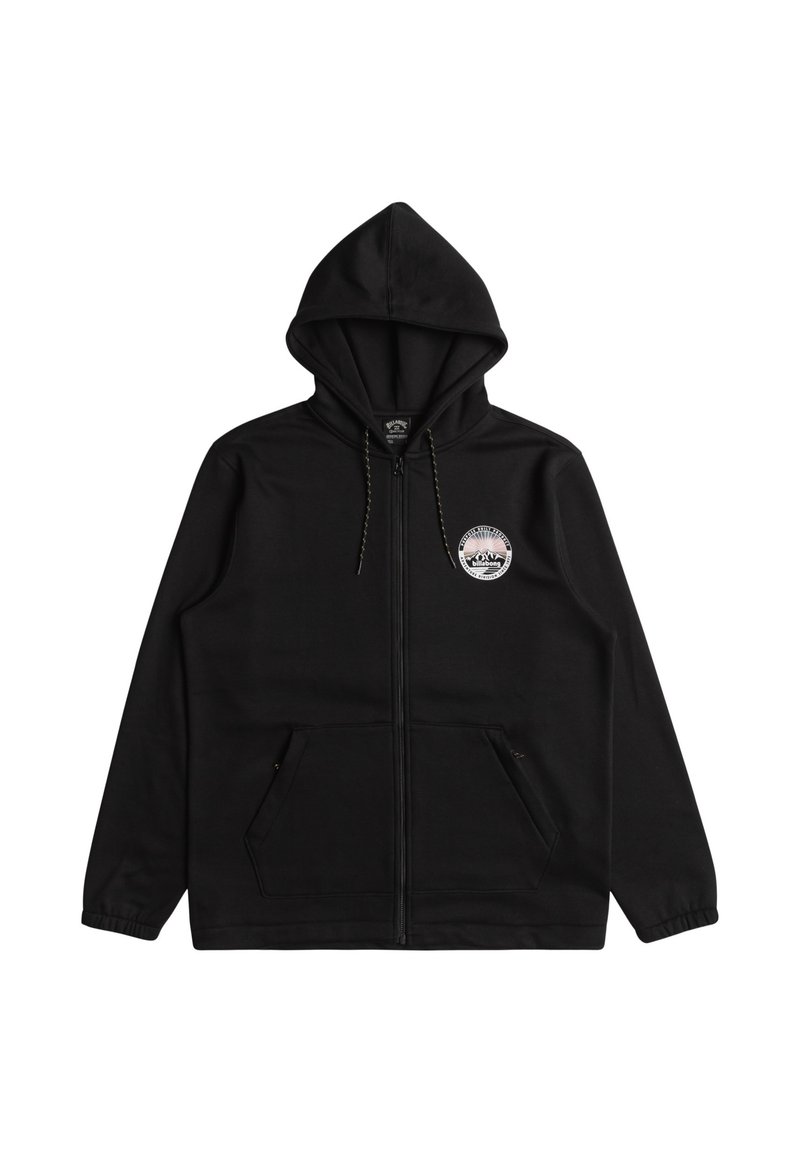 Felpa nera con zip, dotata di cappuccio con lacci, tasche frontali e un logo circolare sul lato sinistro del petto. Realizzata in un morbido tessuto testurizzato.