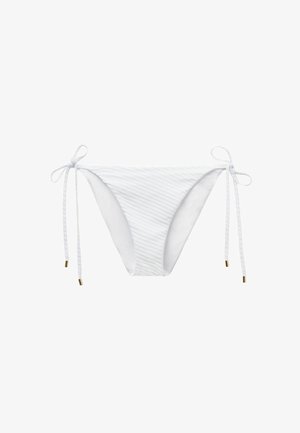 Weißer Bikini-Unterteil mit horizontalen hellgrauen Streifen. Verfügt über verstellbare Seitenschnüre mit goldenen Akzenten. Glattes Material, figurbetonter Sitz.
