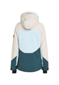 Veste de ski colorée avec un design en blocs de couleurs crème, bleu clair et vert foncé. Équipée d'une capuche et de détails noirs au niveau des poignets.