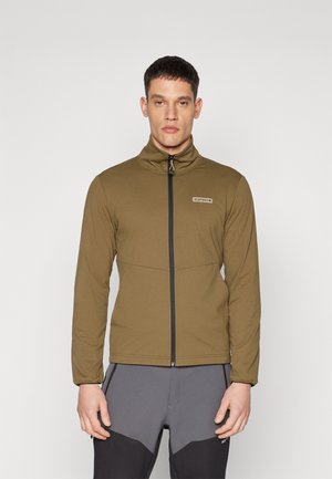 Olive green zip-up jacket with a high collar, made of smooth fabric, featuring a front logo and contrasting black zipper trim.
