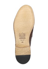Brown leather shoe sole with a textured, woven design. Features black rubber heel and embossed logo details, labeled "GALIZIO TORRESI." Size 40.