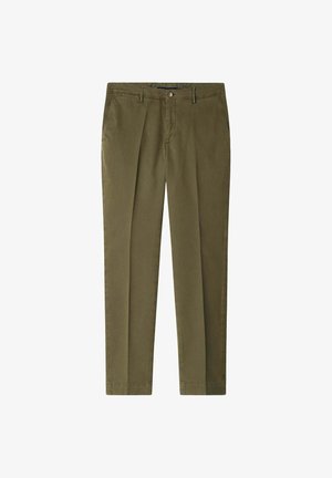 Olijfgroen katoenen broeken met een rechte pasvorm, voorzien van een ritssluiting, knoopsluiting en een voornaad, geschikt voor casual of nette outfits.