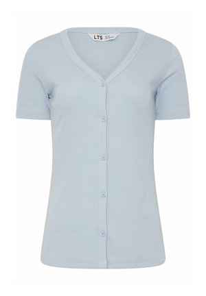 Lichtblauw geribd overhemd met korte mouwen en knoopsluiting, V-halskraag, met het label maat VK 10, EUR 38, US 6.