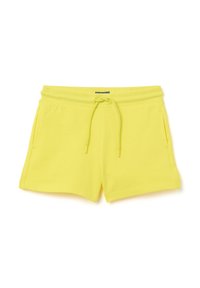 Pantalones cortos de algodón amarillos con una cinturilla elástica, cordón ajustable y dos bolsillos laterales. Textura suave y diseño casual.