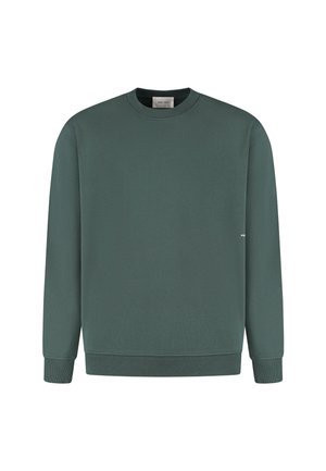 Dark green crewneck sweatshirt with ribbed cuffs and hem, displayed on a white background.