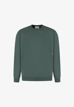 Dark green crewneck sweatshirt with ribbed cuffs and hem, displayed on a white background.