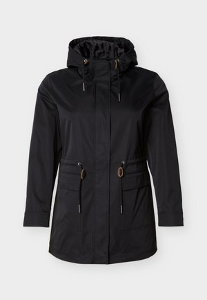 Black waterproof jacket with a hood, front zip, adjustable drawstrings, and two front pockets. Smooth texture and casual fit.
