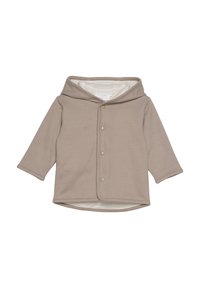 Beige Kapuzenjacke aus weichem Stoff mit Knopfverschluss. Sie hat lange Ärmel und ein leichtes Futter, das Wärme und Komfort bietet.