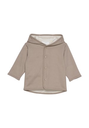 Beige Kapuzenjacke aus weichem Stoff mit Knopfverschluss. Sie hat lange Ärmel und ein leichtes Futter, das Wärme und Komfort bietet.