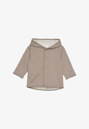 Beige hoodie gemaakt van zachte stof met een knoopsluiting. Heeft lange mouwen en een lichte voering, wat warmte en comfort biedt.
